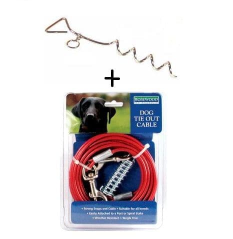 Dog Stake Out Ground Spike & Cable, Tie Ring Secure Anchor For Lead