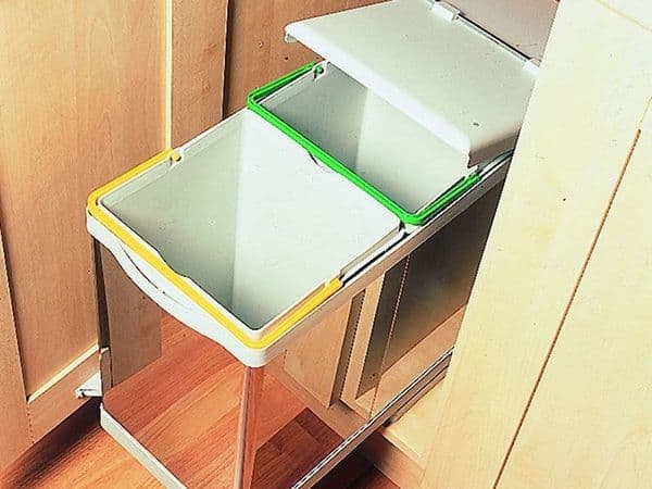 Automatic pull-out double bin, 28 ltr, stainless steel and grey - Pull Out Bins
