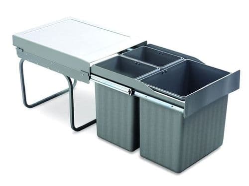 Pull-out waste bin, 1 x 16 ltr and 2 x 7.5 ltr, full extension runners, grey