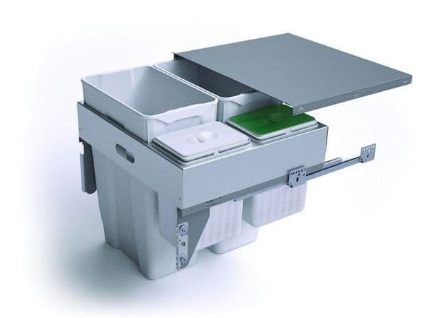 Pull-out waste bin with metal lid, 2 x 35 and 2 x 7.5 ltr bins, for 600mm cabinet, grey - Pull Out Bins
