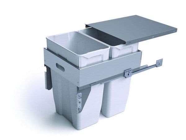 Pull-out waste bin with metal lid, 2 x 35 ltr bins, for 450mm cabinet, grey - Pull Out Bins