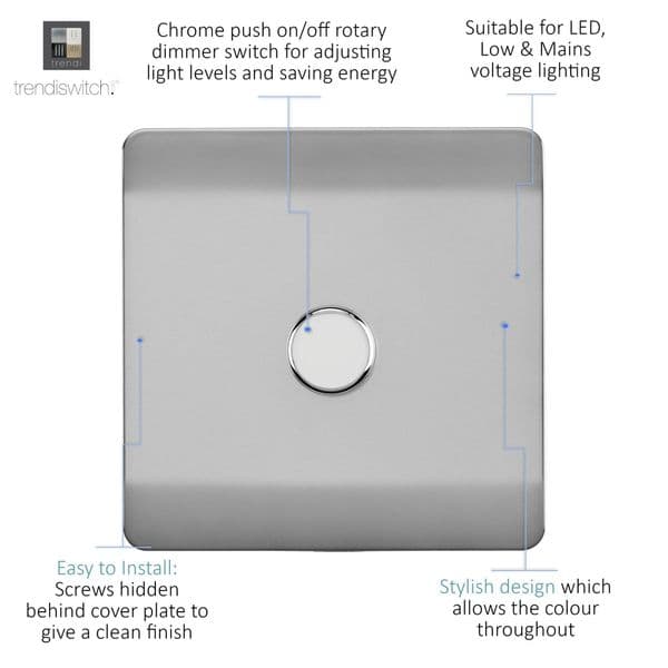 Trendi 1 Gang 1 or 2 way 150w Rotary LED Dimmer Modern Designer Light Switch in Brushed Steel