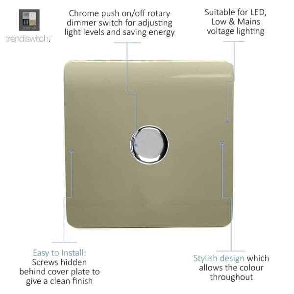 Trendi 1 Gang 1 or 2 way 150w Rotary LED Dimmer Modern Designer Light Switch in Champagne Gold