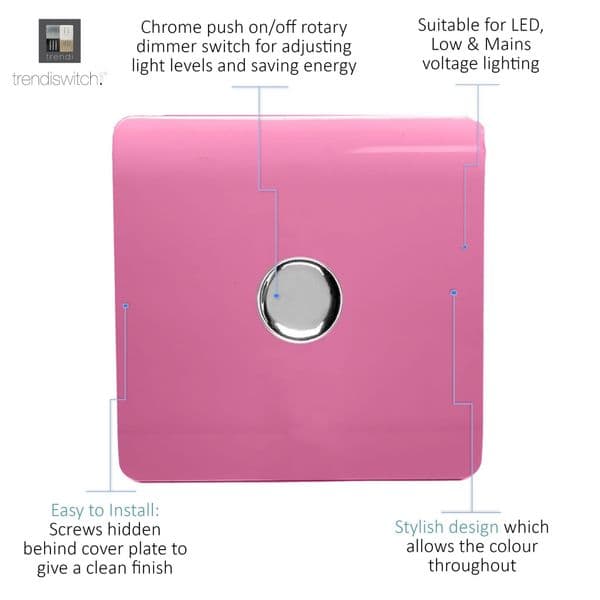Trendi Switch 1 Gang 1 or 2 way 150w Rotary LED Dimmer Modern Designer Light Switch in Candy Pink
