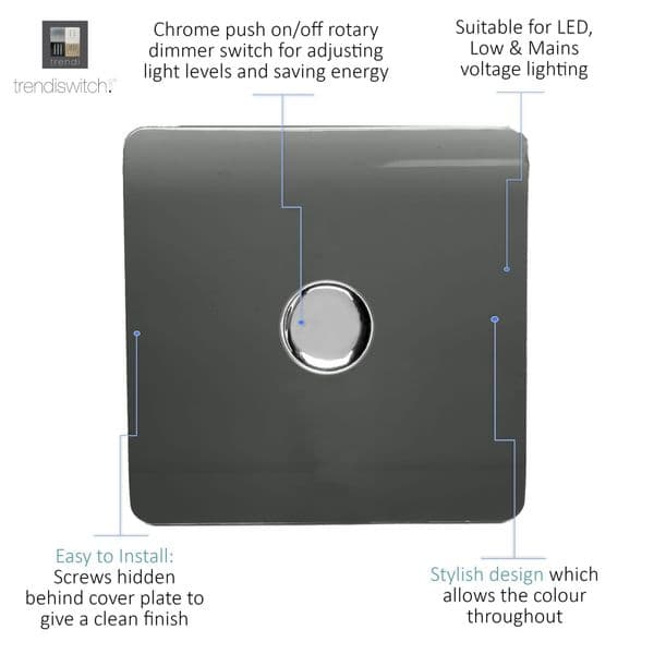 Trendi Switch 1 Gang 1 or 2 way 150w Rotary LED Dimmer Modern Designer Light Switch in Charcoal Grey