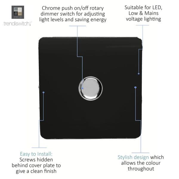 Trendi Switch 1 Gang 1 or 2 way 150w Rotary LED Dimmer Modern Designer Light Switch in Piano Black