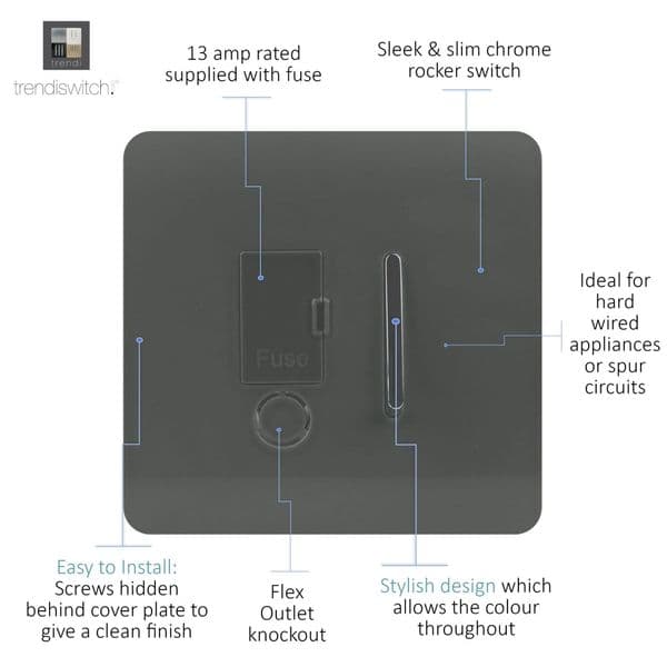 Trendi Switch 13 Amp Modern Designer Fused Spur with Flex Outlet in Charcoal Grey