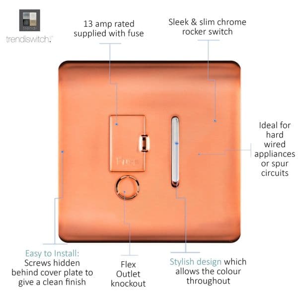 Trendi Switch 13 Amp Modern Designer Fused Spur with Flex Outlet in Copper