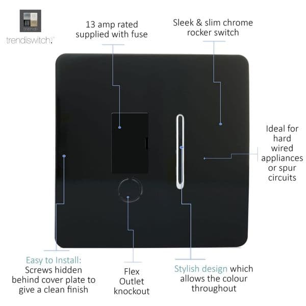 Trendi Switch 13 Amp Modern Designer Fused Spur with Flex Outlet in Piano Black