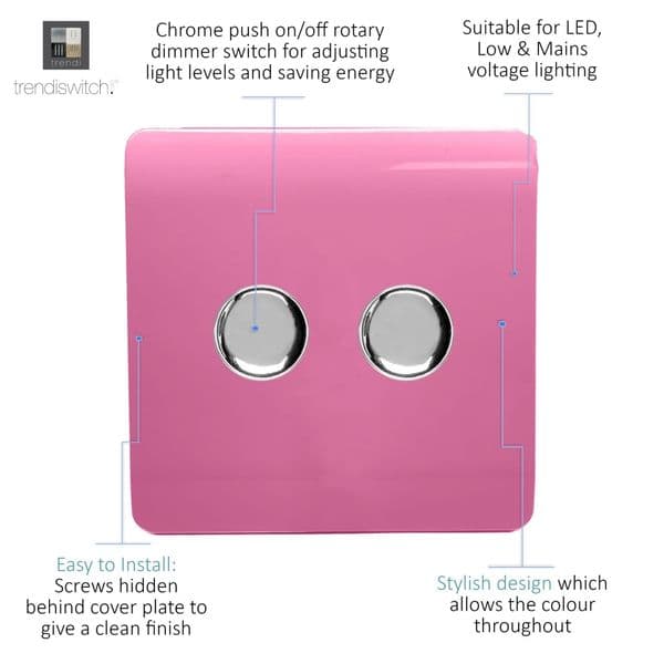 Trendi Switch 2 Gang 1 or 2 way 150w Rotary LED Dimmer Modern Designer Light Switch in Candy Pink