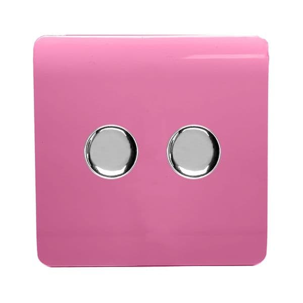 Trendi Switch 2 Gang 1 or 2 way 150w Rotary LED Dimmer Modern Designer Light Switch in Candy Pink