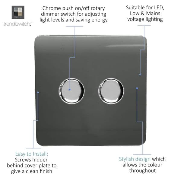 Trendi Switch 2 Gang 1 or 2 way 150w Rotary LED Dimmer Modern Designer Light Switch in Charcoal Grey