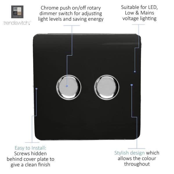 Trendi Switch 2 Gang 1 or 2 way 150w Rotary LED Dimmer Modern Designer Light Switch in Piano Black