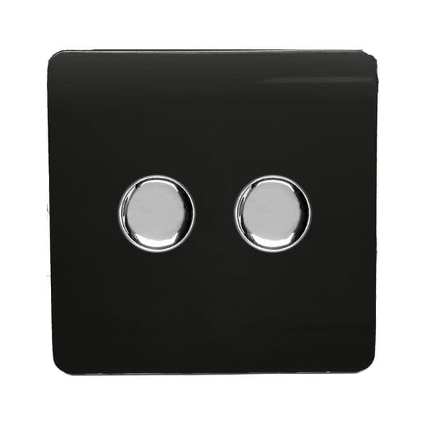Trendi Switch 2 Gang 1 or 2 way 150w Rotary LED Dimmer Modern Designer Light Switch in Piano Black