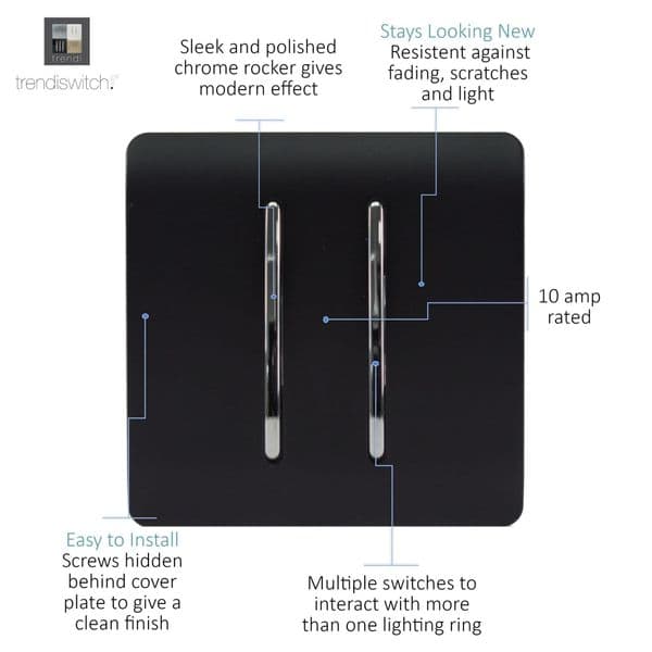 Trendi Switch 2 Gang 1 or 2 way Rocker Modern Designer Light Switch in Matt Black