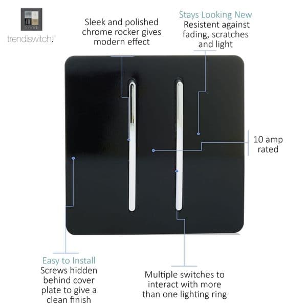 Trendi Switch 2 Gang 1 or 2 way Rocker Modern Designer Light Switch in Piano Black