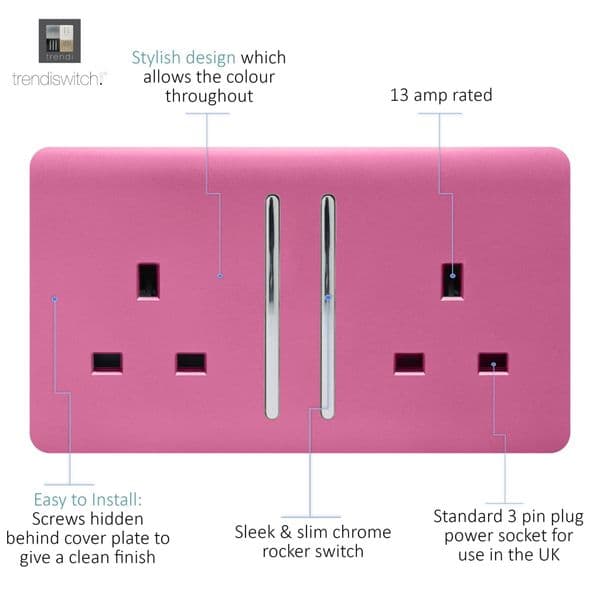 Trendi Switch 2 Gang Candy Pink Double Plug Socket Modern Designer Decorative Wiring Accessory