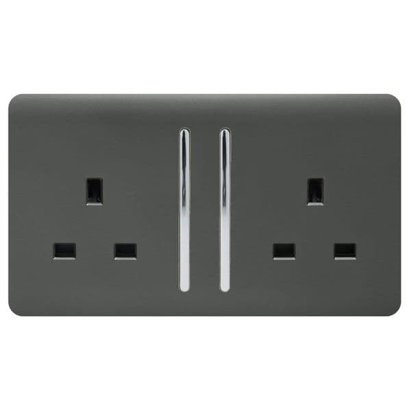 Trendi Switch 2 Gang Charcoal Grey Double Plug Socket Modern Designer Decorative Wiring Accessory