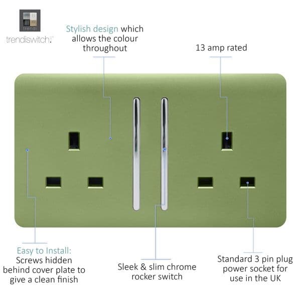 Trendi Switch 2 Gang Moss Green Double Plug Socket Modern Designer Decorative Wiring Accessory