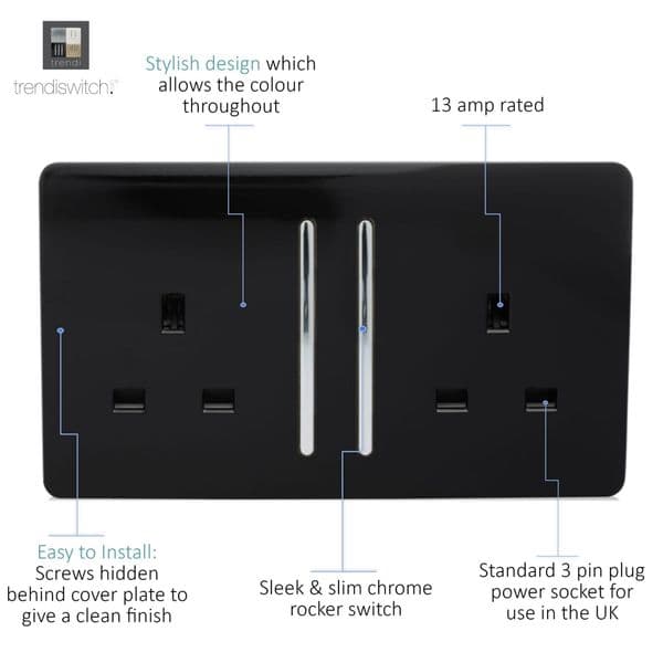 Trendi Switch 2 Gang Piano Black Double Plug Socket Modern Designer Decorative Wiring Accessory