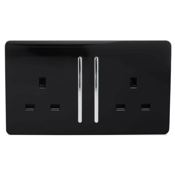 Trendi Switch 2 Gang Piano Black Double Plug Socket Modern Designer Decorative Wiring Accessory