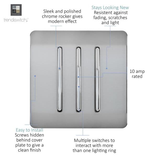 Trendi Switch 3 Gang 1 or 2 way Rocker Modern Designer Light Switch in Brushed Steel