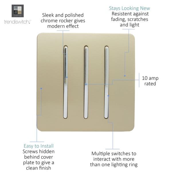 Trendi Switch 3 Gang 1 or 2 way Rocker Modern Designer Light Switch in Champagne Gold