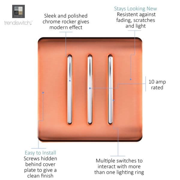 Trendi Switch 3 Gang 1 or 2 way Rocker Modern Designer Light Switch in Copper