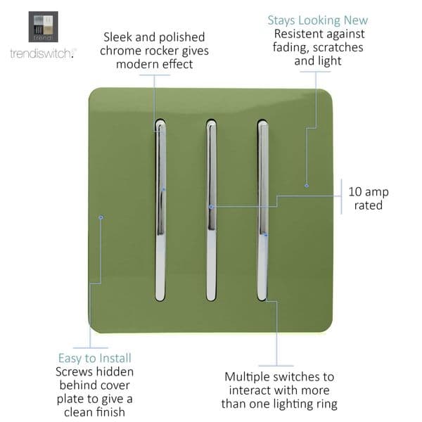 Trendi Switch 3 Gang 1 or 2 way Rocker Modern Designer Light Switch in Moss Green