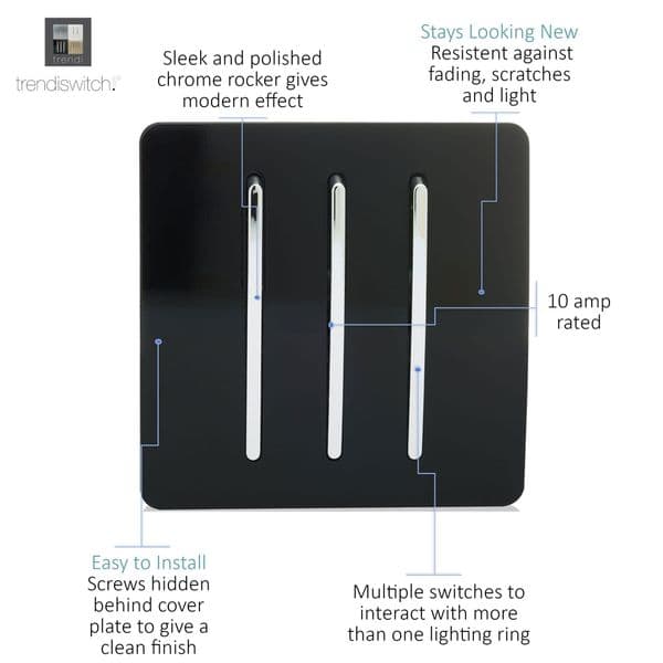Trendi Switch 3 Gang 1 or 2 way Rocker Modern Designer Light Switch in Piano Black