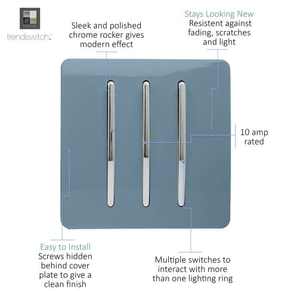 Trendi Switch 3 Gang 1 or 2 way Rocker Modern Designer Light Switch in Sky Blue