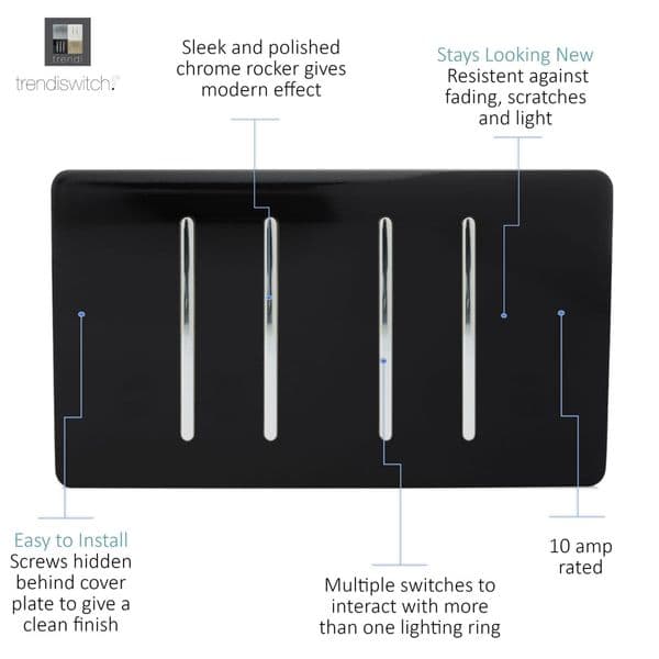 Trendi Switch 4 Gang 1 or 2 Way Modern Designer Light Switch in Piano Black