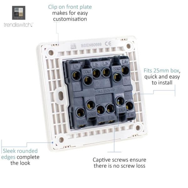 Trendi Switch 4 Gang 1 or 2 way Rocker Modern Designer Light Switch in Brushed Steel