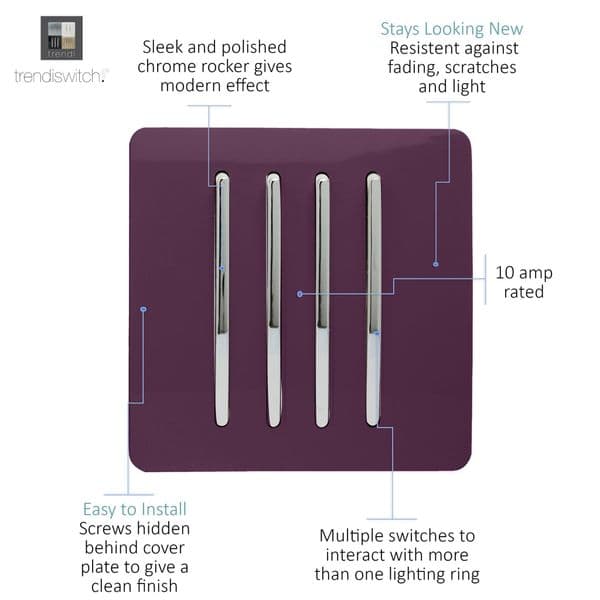 Trendi Switch 4 Gang 1 or 2 way Rocker Modern Designer Light Switch in Plum Purple