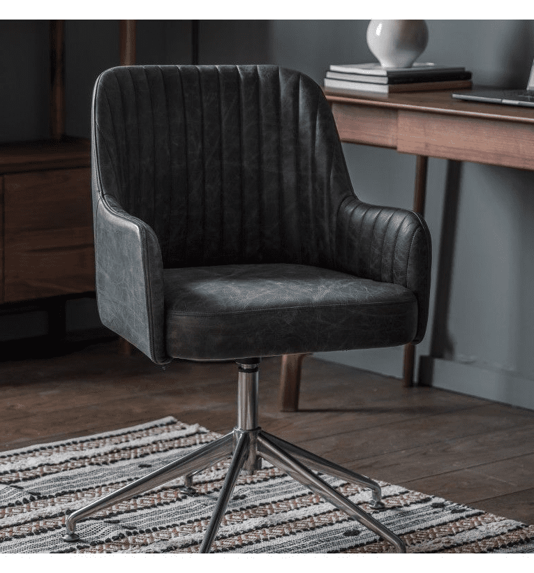 Contemporary Black Ribbed Leather Modern Executive Swivel Office