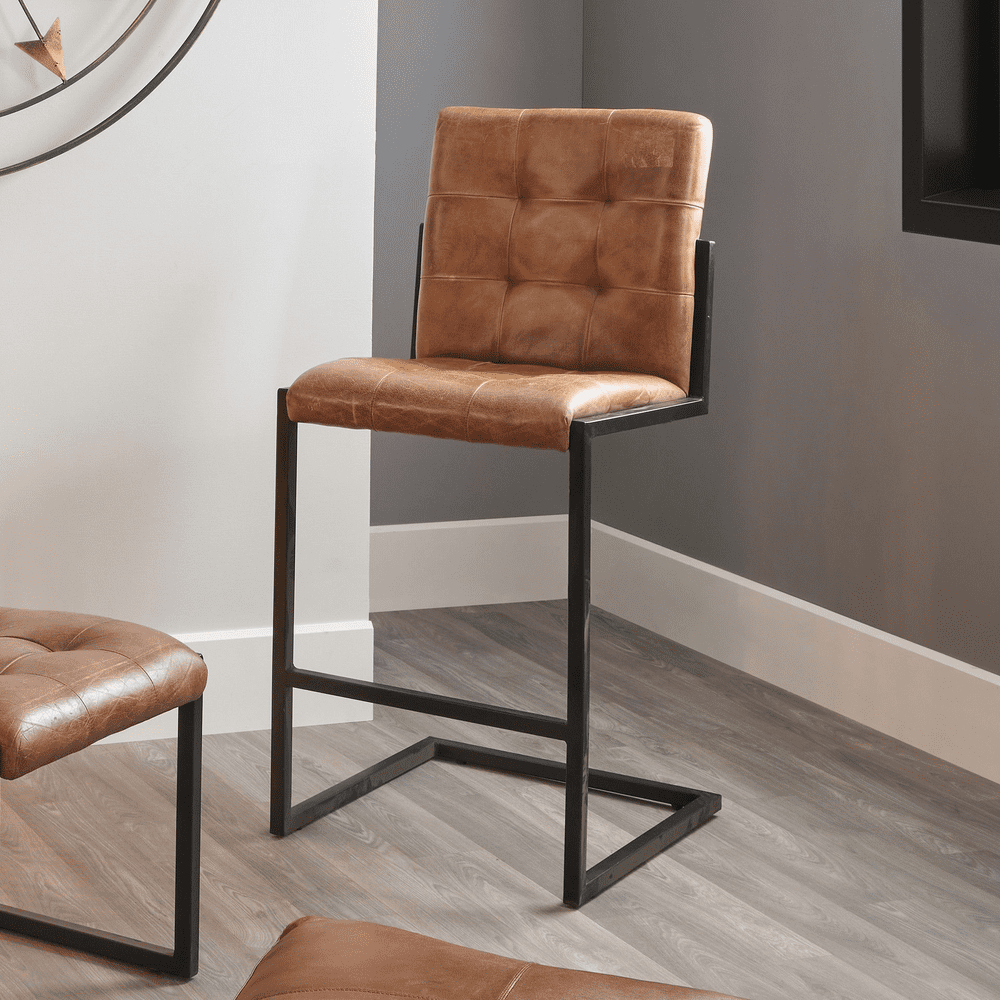 Industrial Bar Stools with matching dining chairs upholstered Tan leather bar stools MP15 262VB bar chairs kitchen stools Millmax Interiors UK furniture sale Contemporary Bar Stools