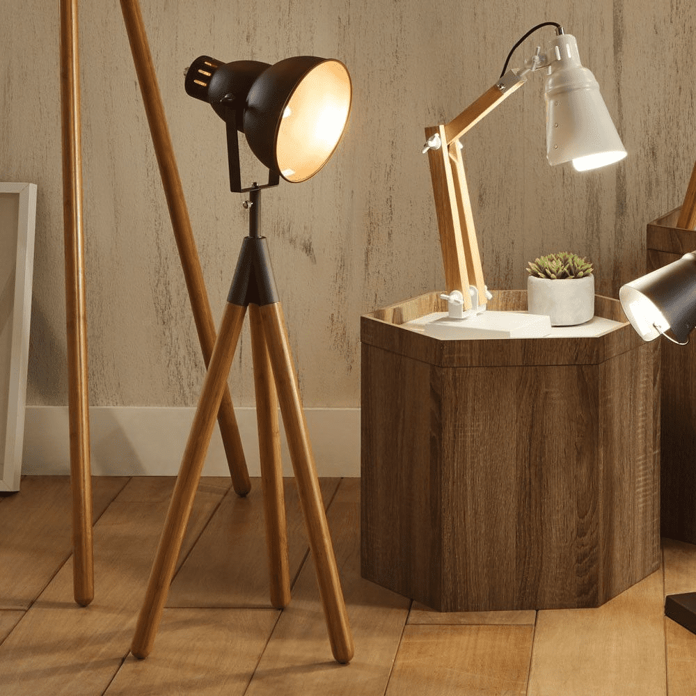 Grey Metal Natural Wood Tripod Table Lamp MP30 542 C