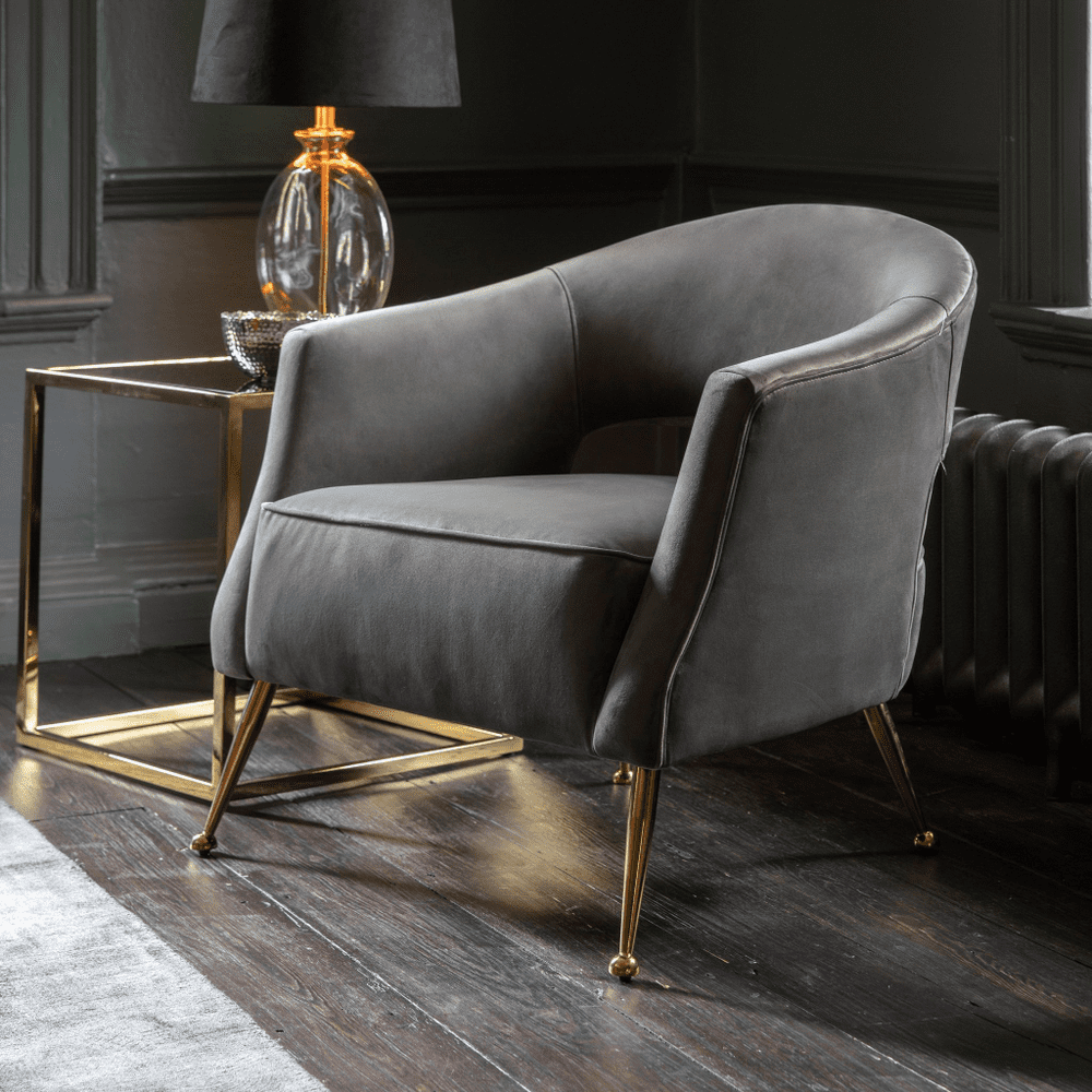 modern armchairs Grey Velvet Stylish Contemporary Armchair With Gold Metal Legs MG930520 Ready To Buy Millmax interiors uk