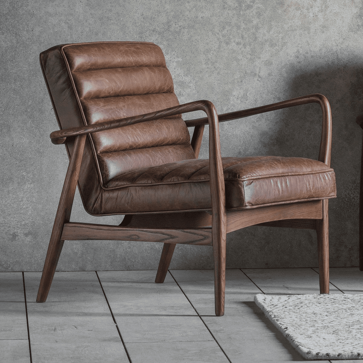 Mid Century Angled Oak Frame And Brown Leather Armchair MG5055999244619