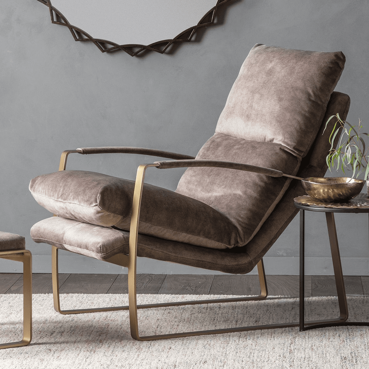 Pebble Grey Suede Lounger Armchair With Brass Frame MG5055999253024