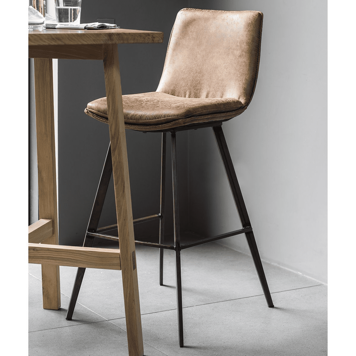 Tan Brown Leather Cushioned Bar Stool With Bronze Frame MG244060