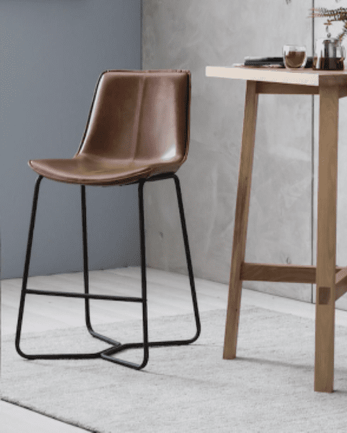 Tan Brown Leather Bar Stool With Angled Metal Frame MG329586 Millmax interiors uk