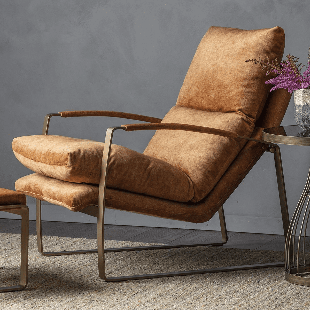 Tan Suede Lounger Armchair With Brass Frame MG