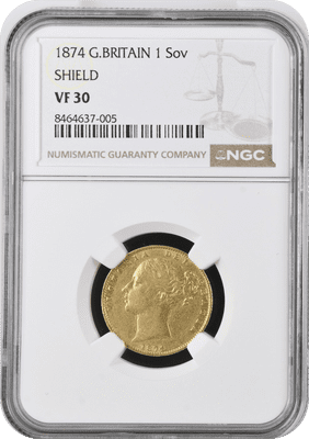 1874 London  Shield Gold Sovereign  R4 Very Rare VF30