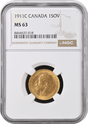 1911 Canada Gold Sovereign Ottawa Mint NGC AU63