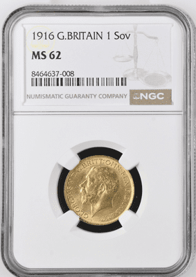 1916 Gold Sovereign Coin London Rare NGC MS 62
