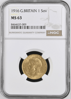 1916 Gold Sovereign Coin London Rare NGC MS63