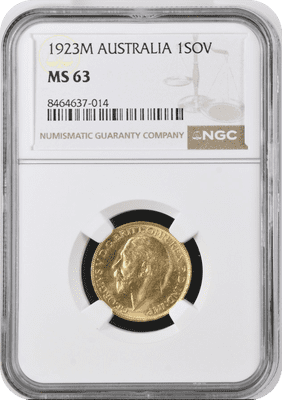 1923 Gold Sovereign Melbourne Rare NGC  MS63