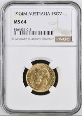 1924 Gold Sovereign Melbourne Rare NGC MS64