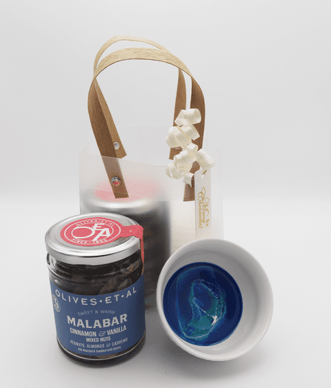 Cinnamon and Vanilla Nut Gift Bag with Ocean Ceramic Nibble Dish